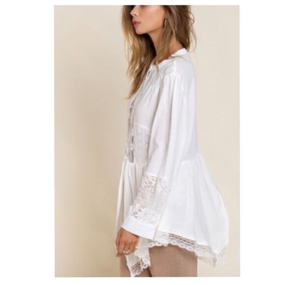 LACE Trim Top w/ China collar & Shark bite Hem - Picture 5 of 16